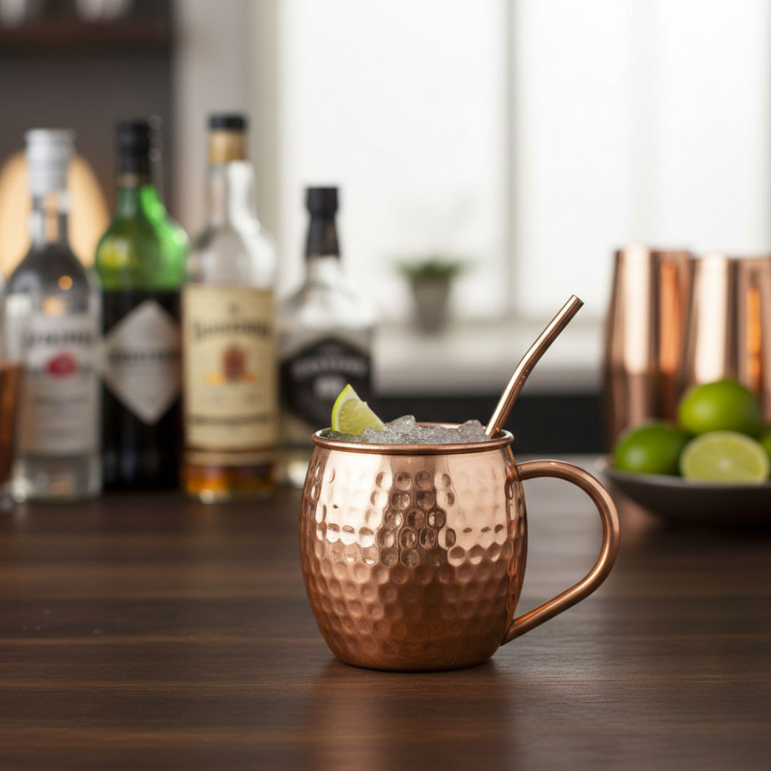 Pure copper hammered round shaped moscow mule, beer mug with copper handle, drinkware, barware, 1, 530 ML